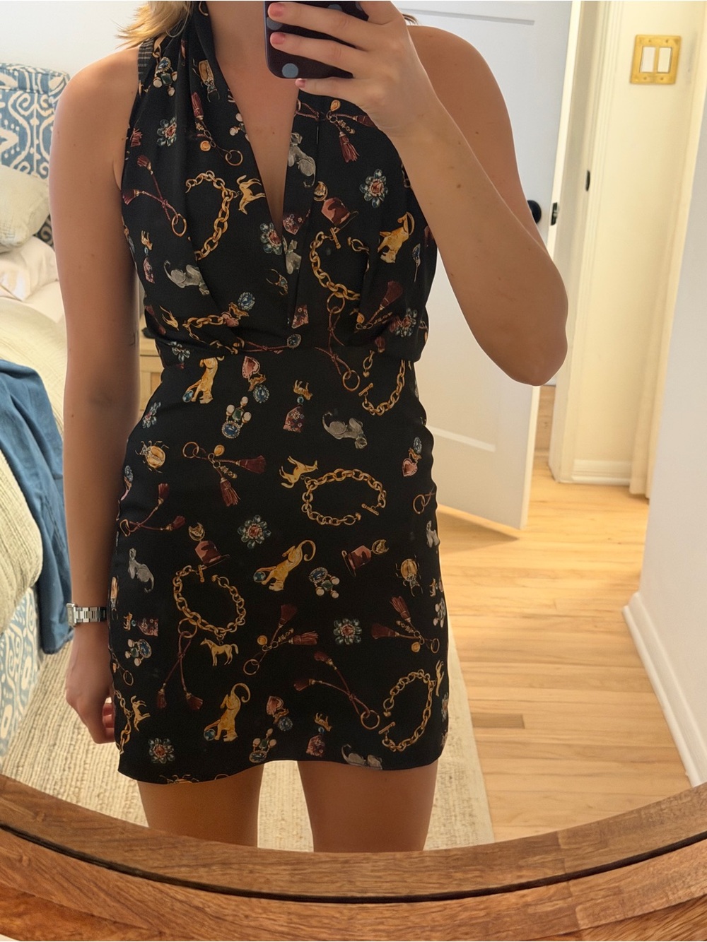 Amanda Uprichard Black Halter Mini Dress with Gold Chain Print